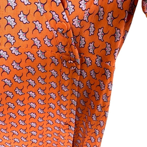 Oliver Bonas Women Floral Asymmetrical Button Up Dress Sz 12 Orange Short Sleeve - Picture 4 of 10